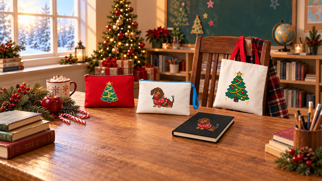 Teacher's desk in a December classroom with a Christmas tree tote on the chair, a red clutch, a wristlet and a journal