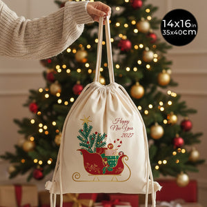 Christmas Drawstring Backpack 14" × 16" (35 × 40 cm) – Natural Cotton Gift Bag with Happy New Year 2027 Sleigh Print - Pamusan.com