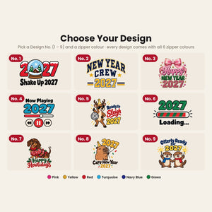 Design chart No. 1 to 9 for the Christmas and New Year 2027 pencil cases, every design available with all six zipper colours