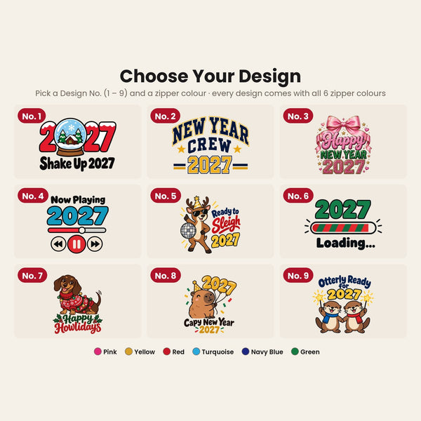 Design chart No. 1 to 9 for the Christmas and New Year 2027 pencil cases, every design available with all six zipper colours