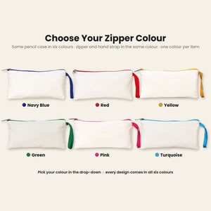 Real photos of the natural cotton pencil case in six zipper colours with matching hand straps: navy blue, red, yellow, green, pink and turquoise