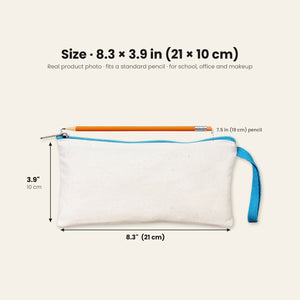 Size of the cotton pencil case: 8.3 x 3.9 inches (21 x 10 cm), a standard 7.5 inch pencil fits inside, real product photo
