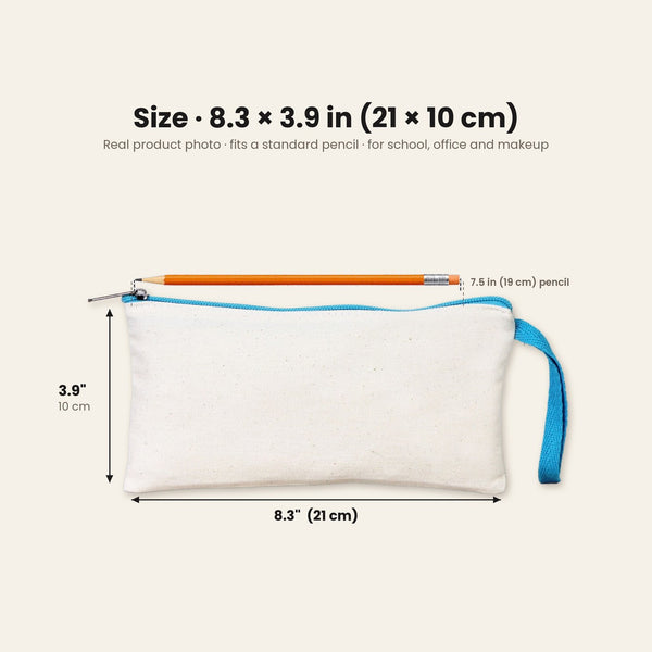 Size of the cotton pencil case: 8.3 x 3.9 inches (21 x 10 cm), a standard 7.5 inch pencil fits inside, real product photo