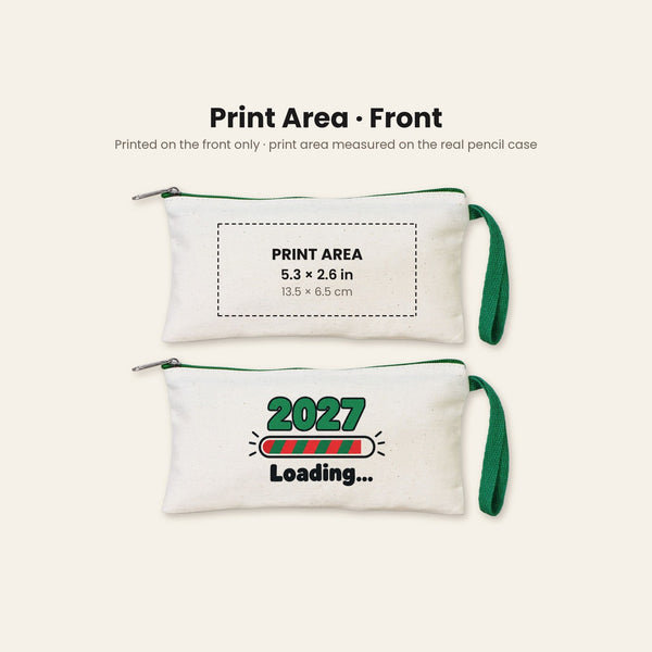 Print area of up to 5.3 x 2.6 inches (13.5 x 6.5 cm) centred on the front of the pencil case, with an example 2027 Loading print