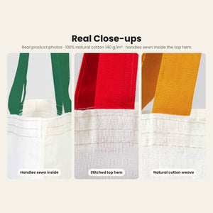 Real close-ups of the natural cotton tote bag: handles sewn inside the top hem, stitched hem and soft natural cotton weave