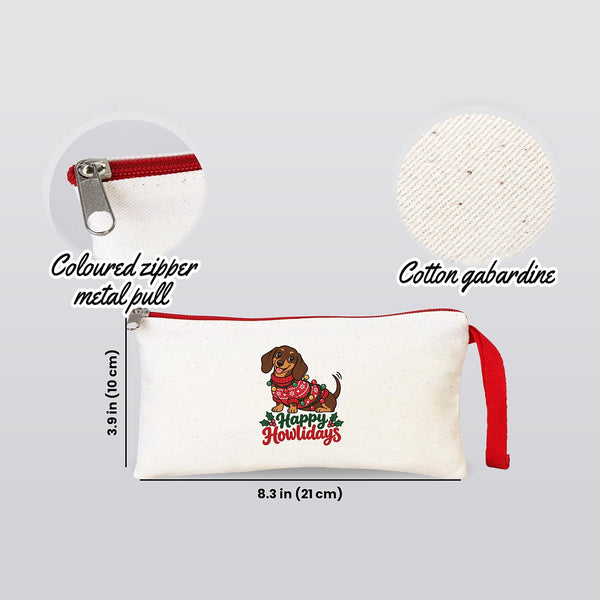 Real product photo of the red zipper pencil case with a Happy Howlidays print, 8.3 x 3.9 inches (21 x 10 cm), close-ups of the coloured zipper with metal pull and the cotton gabardine