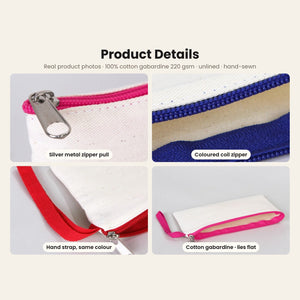 Real close-ups of the pencil case: silver metal zipper pull, coloured coil zipper, the sewn hand strap and the unlined cotton gabardine
