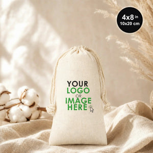 Custom drawstring pouch in natural cotton muslin 4"x8" (10x20 cm) front view
