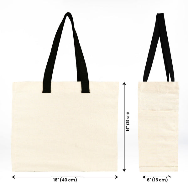 Blank canvas tote bag size diagram: 16" (40 cm) wide, 14" (35 cm) tall and 6" (15 cm) gusset depth