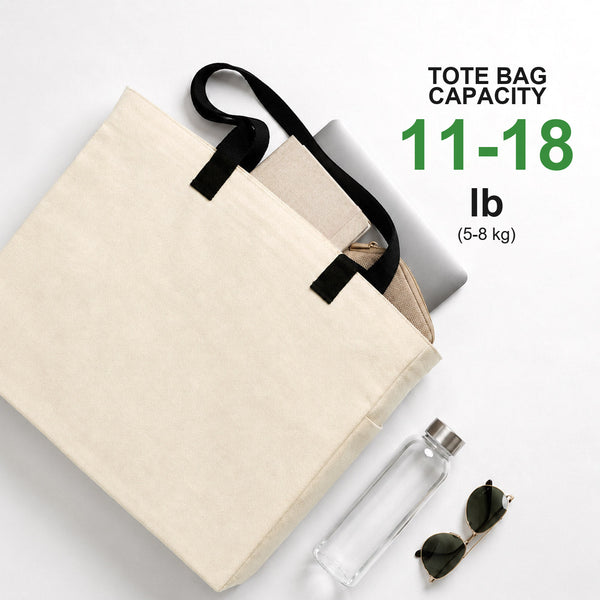 Blank canvas tote bag capacity 11-18 lb (5-8 kg) shown with a laptop, bottle and sunglasses