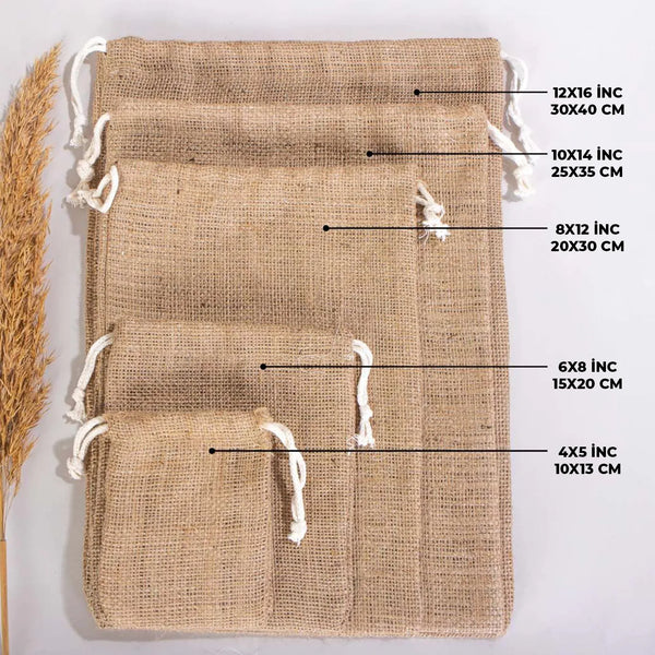 Set of burlap bags with measurements indicated on a white background