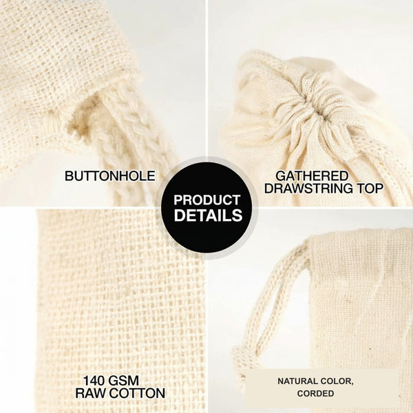 Natural muslin drawstring favor bag 4"x8" showing the cinch top and self-fabric cord