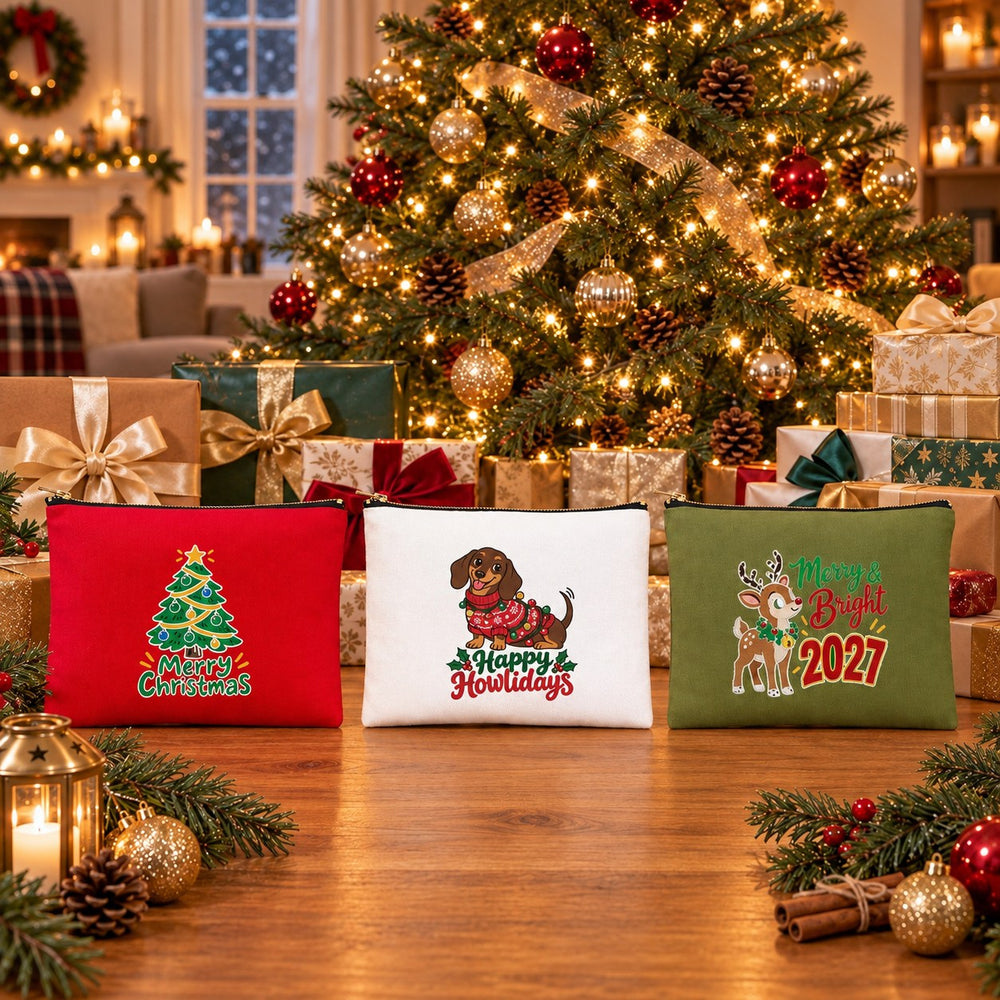 Christmas Make-up Bags in Bulk – 9 Christmas & New Year 2027 Designs, Zip Pouch 21 × 15 cm – Cotton Gabardine