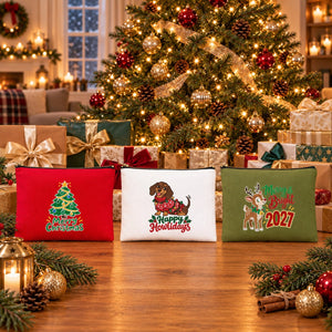 Christmas Make-up Bags in Bulk – 9 Christmas & New Year 2027 Designs, Zip Pouch 21 × 15 cm – Cotton Gabardine