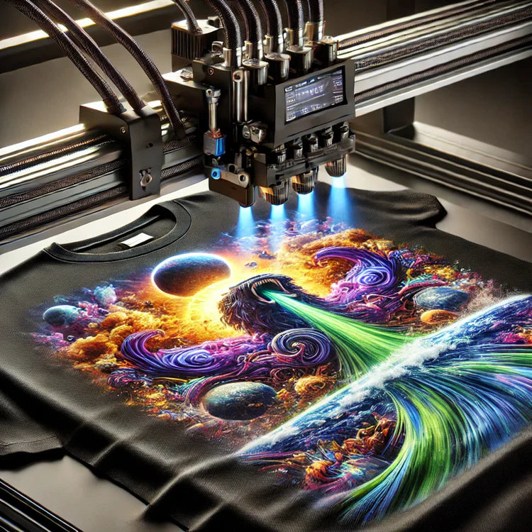 Colorful cosmic design being printed on a black shirt with a printer.