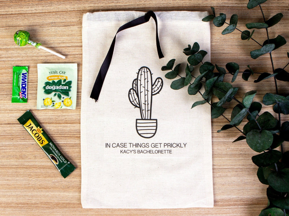 Bachelorette Birthday Party - Cotton Fabric Hangover bags with Black Ribbon - Wedding Recovery Kit - Pamusan.com