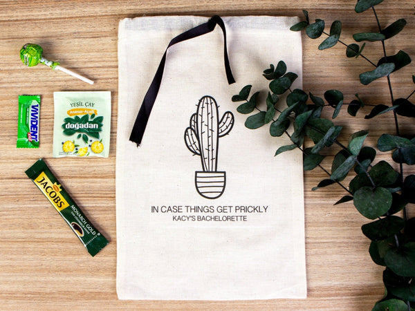 Bachelorette Birthday Party - Cotton Fabric Hangover bags with Black Ribbon - Wedding Recovery Kit - Pamusan.com