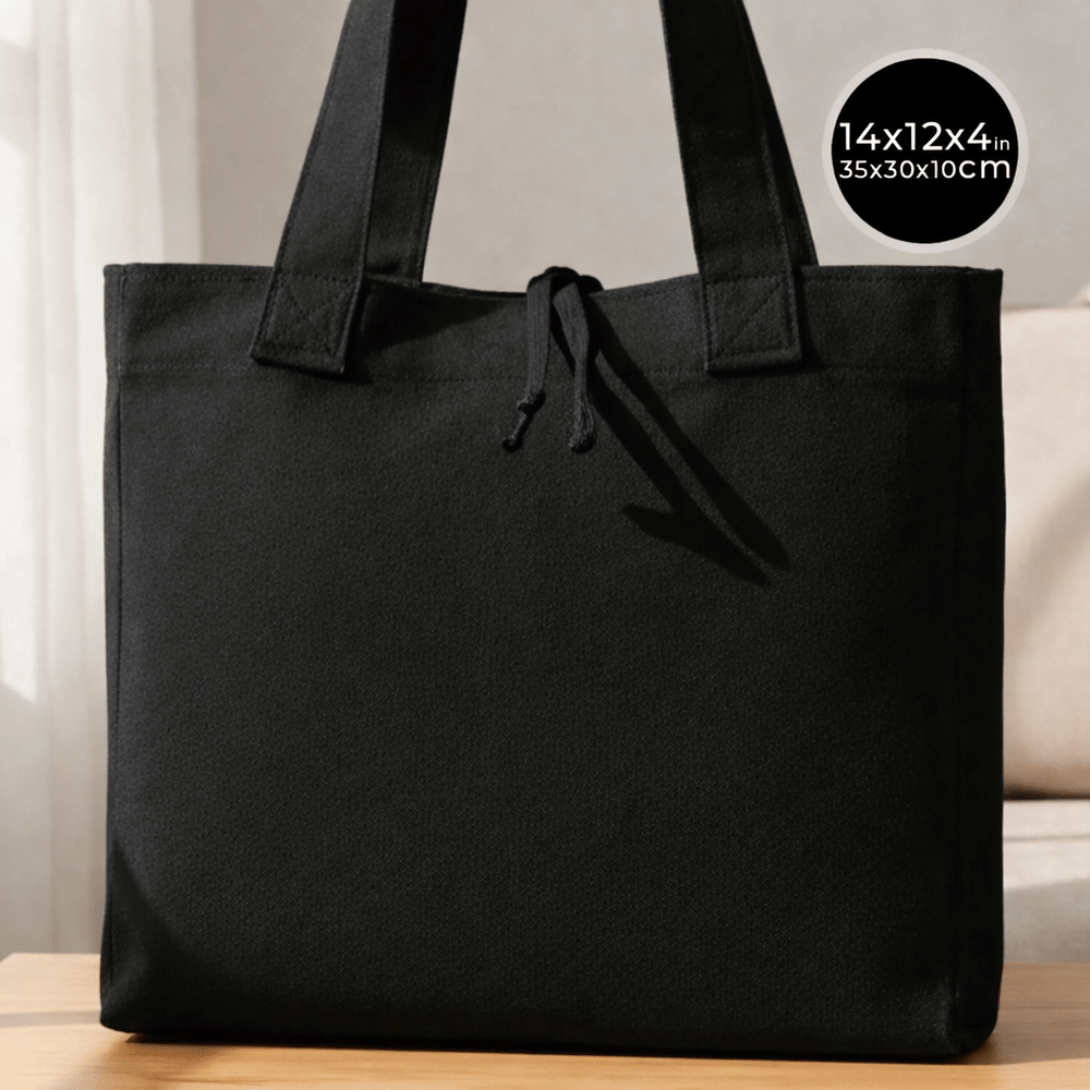 Black Canvas Shopping Tote Bag – 14" × 12" × 4" (35 × 30 × 10 cm) – Thick 10 oz Cotton - Pamusan.com