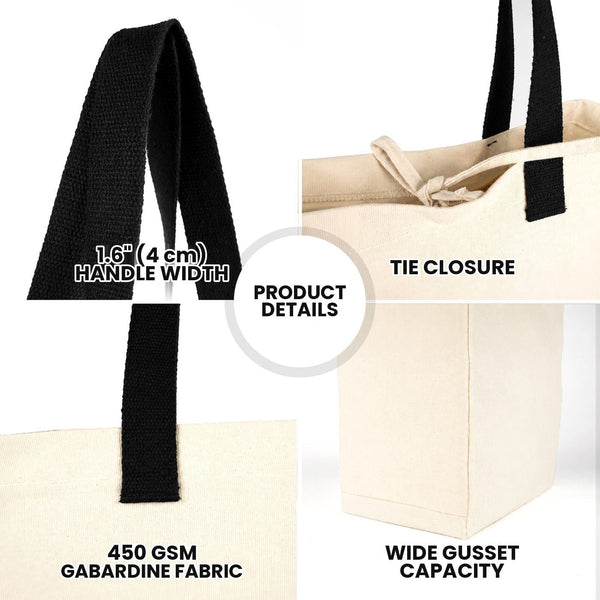 Blank Canvas Tote Bags 16"W x 14"H x 6"L – Two Side Pockets, Black Woven Handles, Full 6" Gusset – 450 gsm Cotton - Pamusan.com