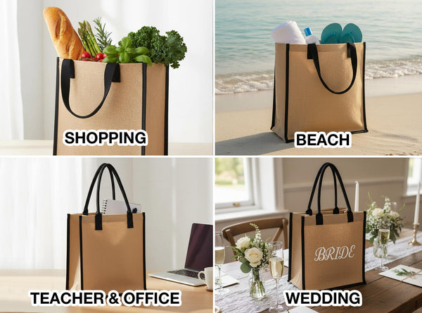 Blank Jute Tote Bag 14" x 16" x 4" – Eco - Friendly Reusable Bag with Black Handles - Pamusan.com