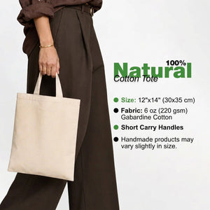 Blank Short Handle Tote Bag 12"x14" – Natural Cotton, 6 oz Gabardine Fabric - Pamusan.com
