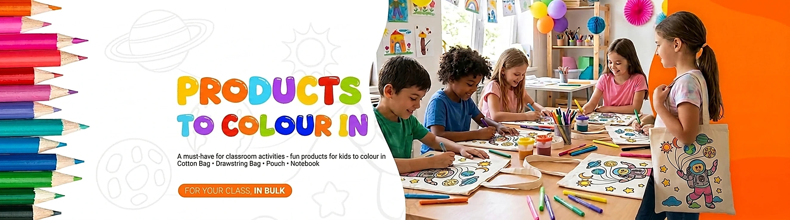 Colour-in products for kids — cotton bags, drawstring bags, pouches and notebooks to colour in, wholesale for schools. Pamusan.co.uk