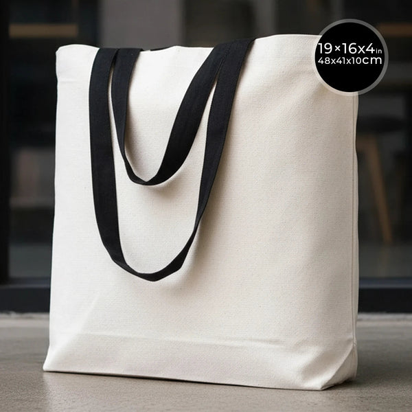 Canvas Beach Tote Bag with Black Handles – 19" × 16" × 4" (48 × 41 × 10 cm) – 10 oz Cotton - Pamusan.com
