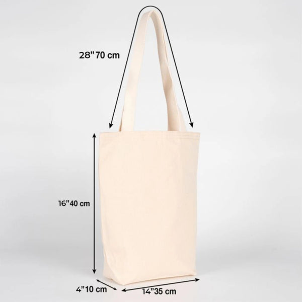 Beige tote bag with dimensions indicated on a gray background