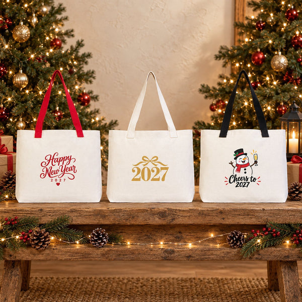 Christmas Canvas Tote Bags Bulk – 18" × 14" × 3" (45 × 35 × 8 cm) with Beige, Red or Black Knitted Handles, 9 Happy New Year 2027 Designs - Pamusan.com
