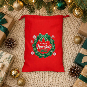 Christmas Drawstring Gift Bags Bulk – 12" × 16" (30 × 40 cm) Cotton Bags in Red, Black or Natural, 9 Holiday & New Year 2027 Designs - Pamusan.com