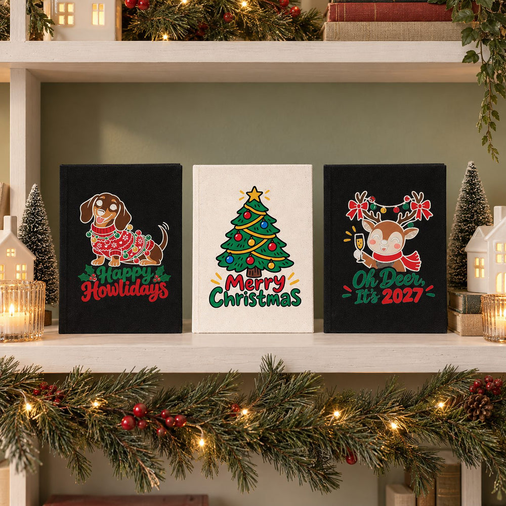 Christmas Journal Bulk – Canvas Notebook A5 5.5" × 7.9" (14 × 20 cm), 18 Holiday & New Year 2027 Designs, Natural or Black Cover - Pamusan.com