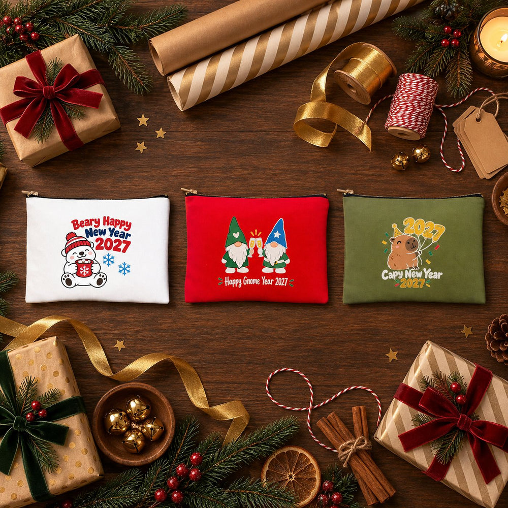 Christmas Make-up Bags in Bulk – 9 Christmas & New Year 2027 Designs, Zip Pouch 21 × 15 cm – Cotton Gabardine