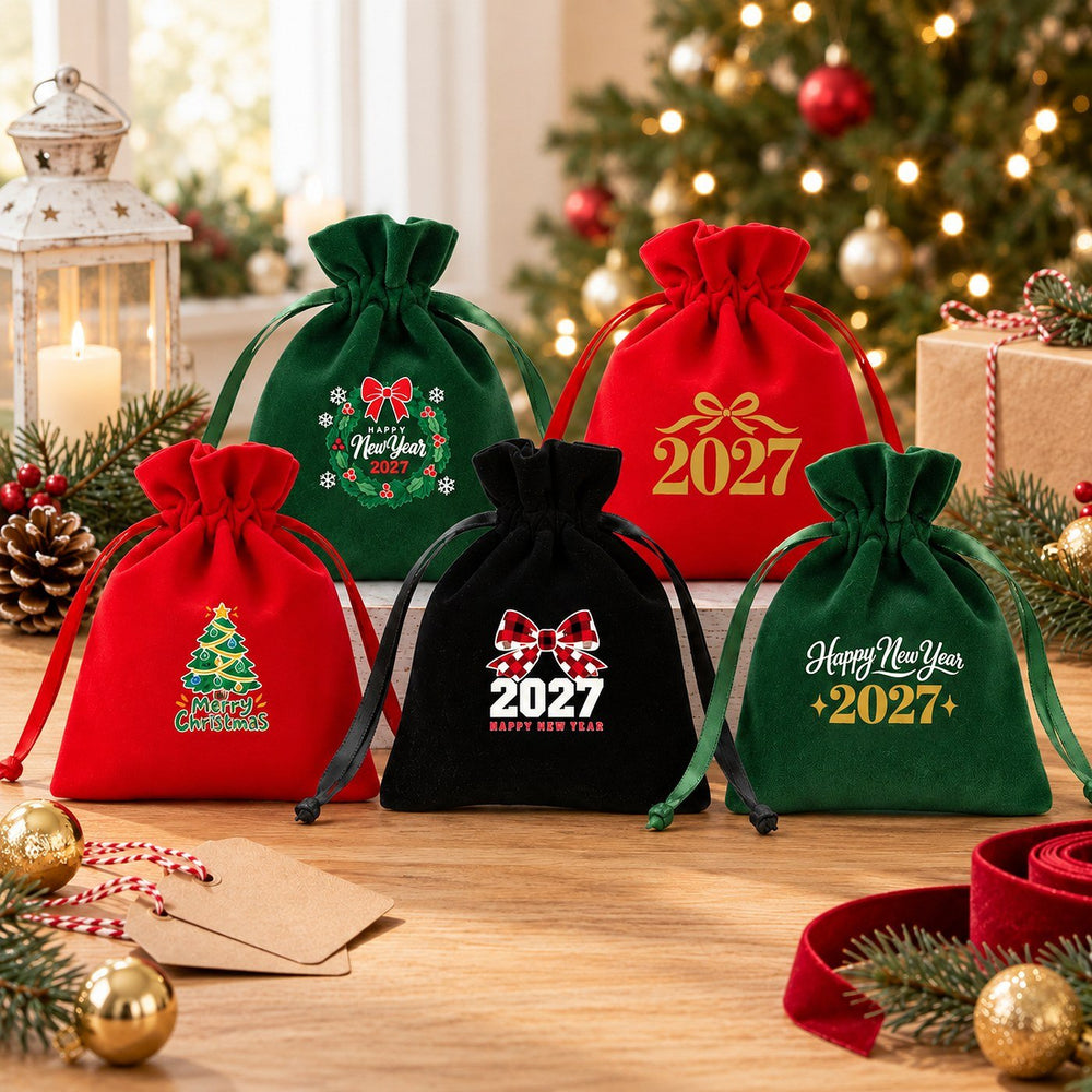 Christmas Party Favors – Velvet Gift Bags 4" × 5" (10 × 13 cm) with Rose Top Drawstring, Red, Green or Black, 9 Holiday & New Year 2027 Designs - Pamusan.com