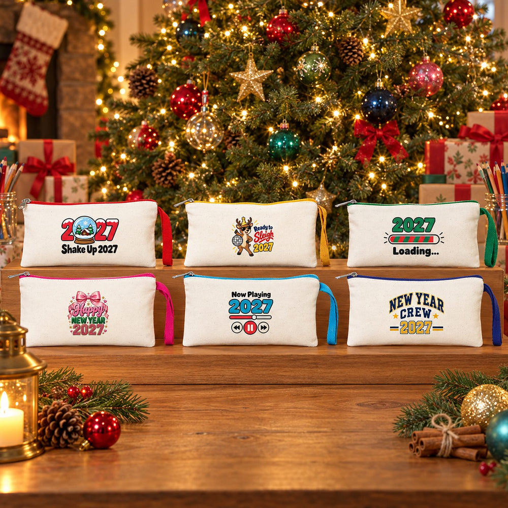 Christmas Pencil Cases Bulk – New Year 2027 Zipper Pencil Pouches in 6 Zipper Colors, 18 Designs, 8.3" × 3.9" (21 × 10 cm) – Cotton Gabardine - Pamusan.com