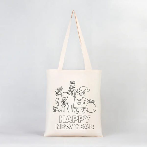 Color Your Own Happy New Year Tote – Santa & Gifts Cotton Bag - Pamusan.com