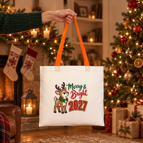 Colorful Tote Bags Bulk – Christmas & New Year 2027 Cotton Totes 16" × 14" (40 × 35 cm) with Black, Red or Orange Handles, 9 Designs - Pamusan.com