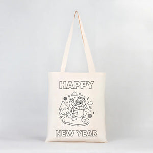 Coloring Happy New Year Tote Bag – Cute Penguin DIY Cotton Bag for Kids - Pamusan.com