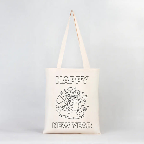 Coloring Happy New Year Tote Bag – Cute Penguin DIY Cotton Bag for Kids - Pamusan.com