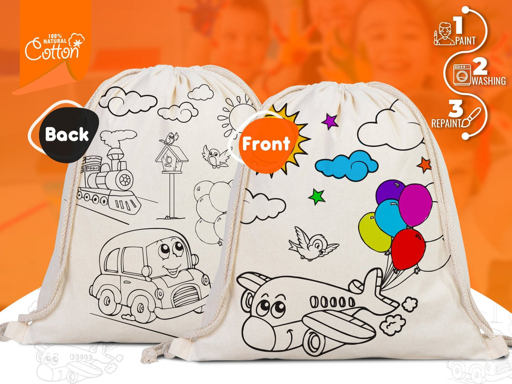 Coloring Plande And Car, NO PENCIL In This Package, 14"W x 16"H (35 cm x 40 cm) Kids Bag Cotton Drawstring Bags For Kids & Schools - Pamusan.com