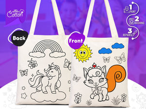 Coloring Tote Bag for Kids – Unicorn & Cat Design – Washable Cotton Art Bag (No Pencil) | Pamusan
