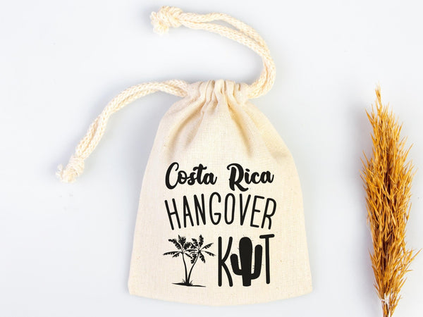 Costa Rica Hangover Bags - Custom Party Bags for Survival & Recovery Kit - Bachelorette Custom Name Print - Organic Cotton Drawstring Pouches - Pamusan.com