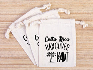 Costa Rica Hangover Bags - Custom Party Bags for Survival & Recovery Kit - Bachelorette Custom Name Print - Organic Cotton Drawstring Pouches - Pamusan.com