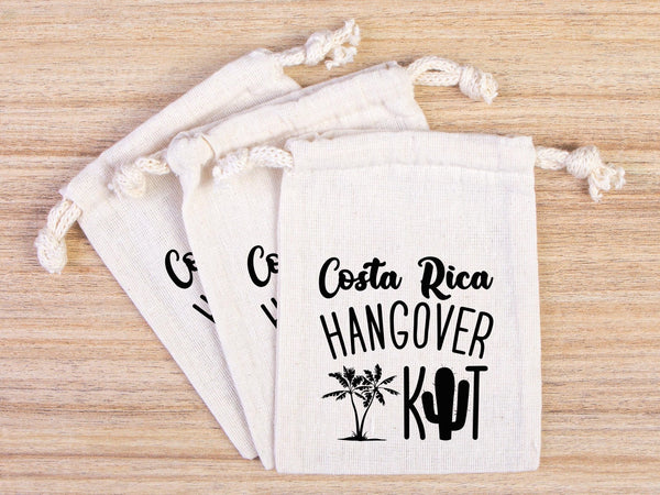 Costa Rica Hangover Bags - Custom Party Bags for Survival & Recovery Kit - Bachelorette Custom Name Print - Organic Cotton Drawstring Pouches - Pamusan.com