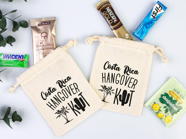 Costa Rica Hangover Bags - Custom Party Bags for Survival & Recovery Kit - Bachelorette Custom Name Print - Organic Cotton Drawstring Pouches - Pamusan.com