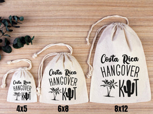 Costa Rica Hangover Bags - Custom Party Bags for Survival & Recovery Kit - Bachelorette Custom Name Print - Organic Cotton Drawstring Pouches - Pamusan.com