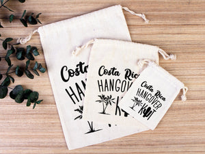 Costa Rica Hangover Bags - Custom Party Bags for Survival & Recovery Kit - Bachelorette Custom Name Print - Organic Cotton Drawstring Pouches - Pamusan.com