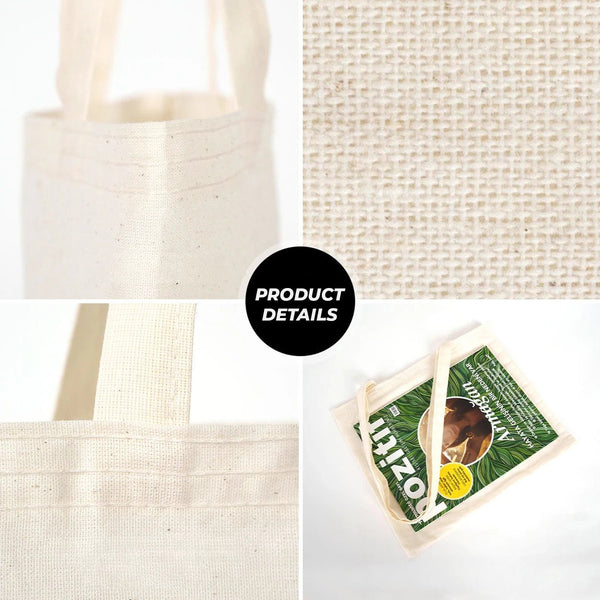 Collage of a natural fabric tote bag with close-up details and a product label.