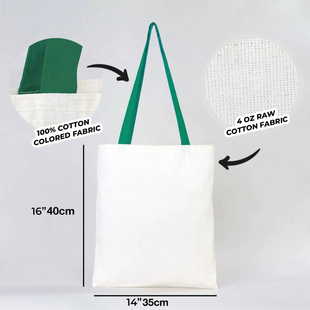 Beige tote bag with green handles on a beige background