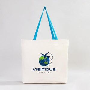 Custom Canvas Beach Tote Bag with Blue Handles – 19" × 16" × 4" (48 × 41 × 10 cm) – 10 oz Cotton - Pamusan.com