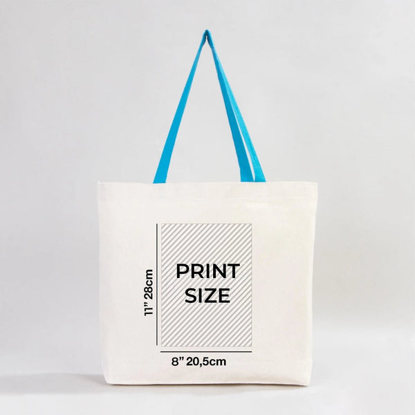 Custom Canvas Beach Tote Bag with Blue Handles – 19" × 16" × 4" (48 × 41 × 10 cm) – 10 oz Cotton - Pamusan.com
